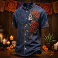 Men's Floral Calavera Lady Portrait Day of the Dead Print Stand Collar Short Sleeve Shirt