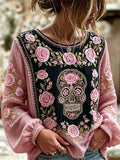 Women's Day Of The Dead Skull Rose Patchwork Print Lantern Sleeve Top