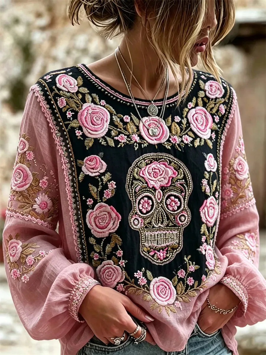 Women's Day Of The Dead Skull Rose Patchwork Print Lantern Sleeve Top
