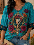 Women's Day Of The Dead Print Mid-length Sleeves V-Neck T-Shirt