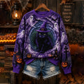 Women's Halloween 3d Cat Ghost Crewneck Sweatshirt