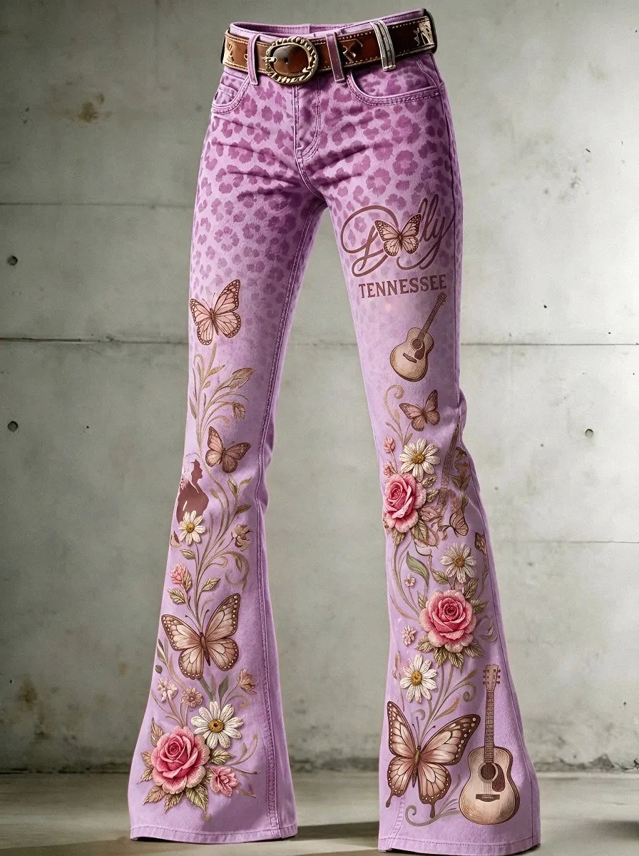 Women's Dolly Parton Tennessee 9to5 Butterfly Rose Guitar Printed Flare Pants
