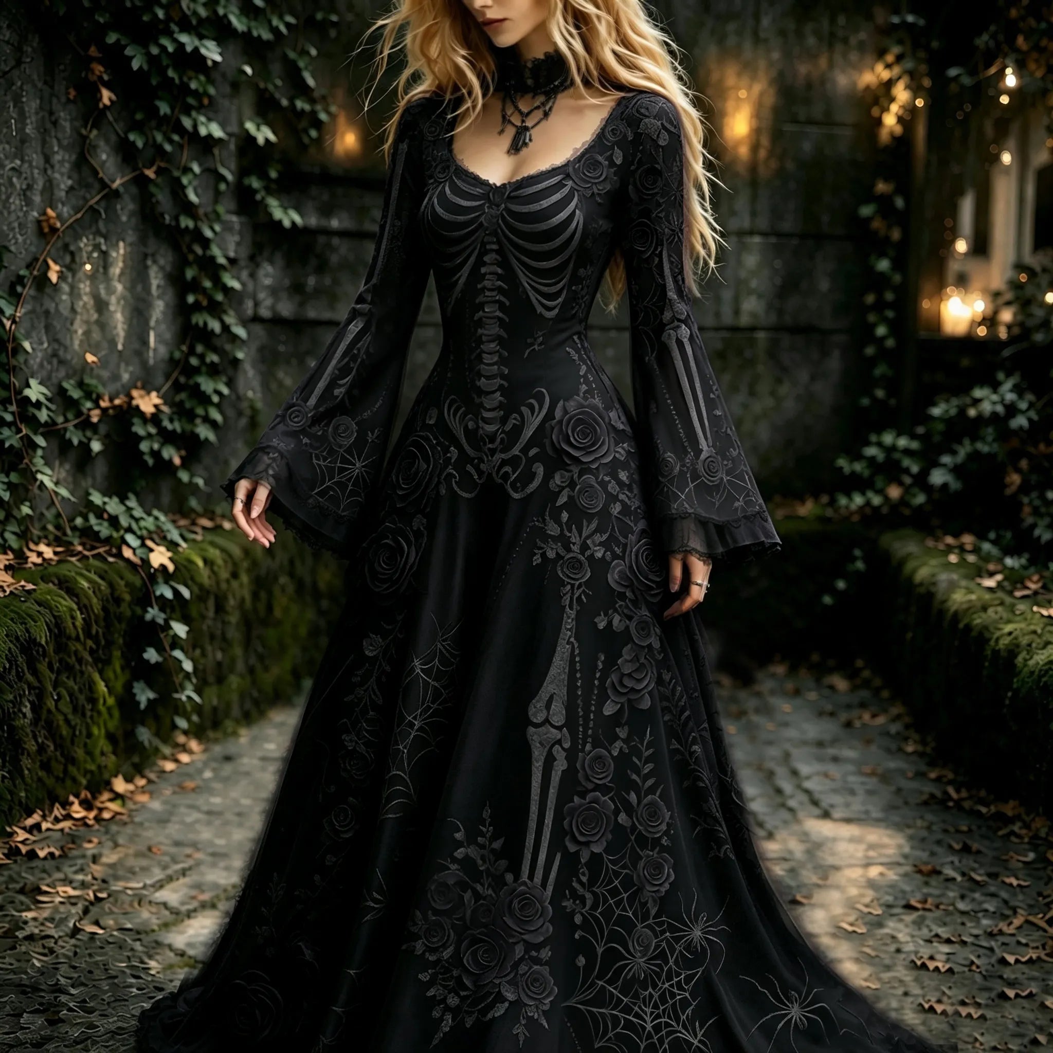Women's Retro Gothic Flowers With Skull Pattern Mixi Halloween Dress