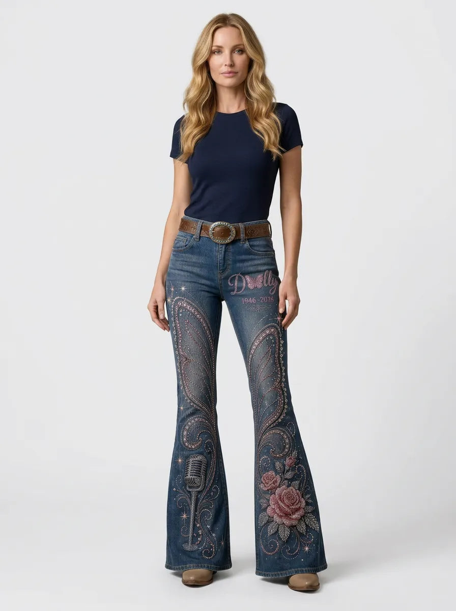 Women's Dolly Parton Butterfly Rose Microphone Printed Flare Jeans