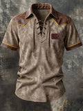 Men's Retro Faux Suede and Leather Panel Lace-Up T-Shirt