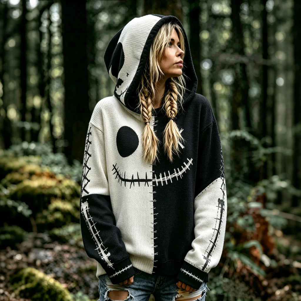Women's Retro Halloween Scary Smiley Face Color Block Knitted Hooded Sweater