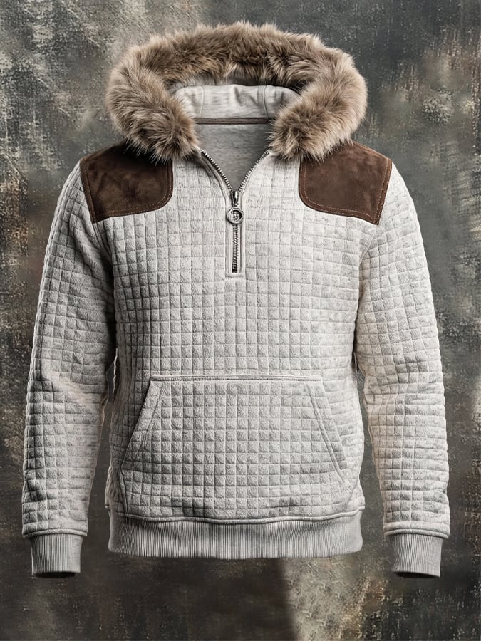 Men's Retro Textured Checkered Plush Hoodie