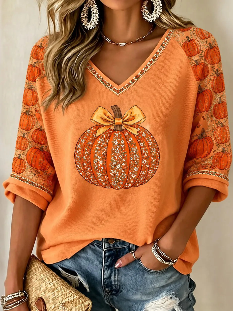 Women's Autumn Pumpkin Rhinestone Pattern Casual Mid-sleeve T-shirt