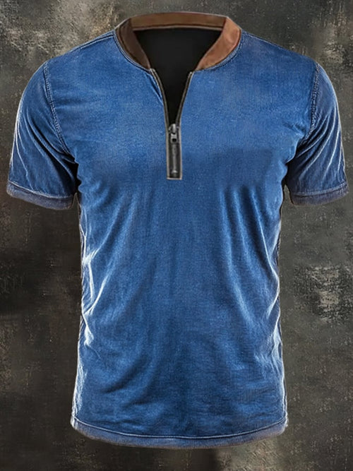 Men's casual retro print polo shirt with zip and stand-up collar