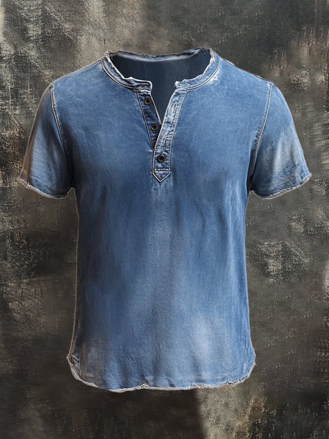 Men's Vintage Washed Raw Edge Henley Collar Short Sleeve T-Shirt
