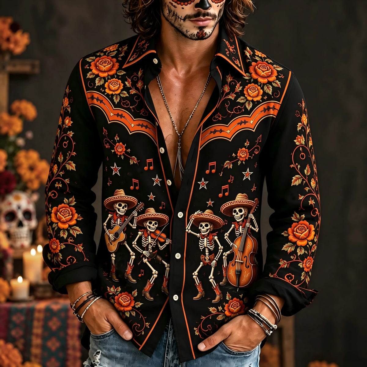 Men‘s Retro Mexico Day Of The Dead Floral With Skull Playing The Guitar Printed Long-sleeved Shirt