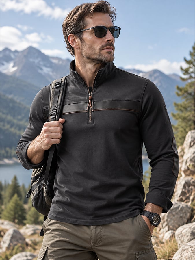 Men’s Rugged Quarter‐Zip Stand Collar Long‐Sleeve | Faux‐Leather Stitched Accent Top
