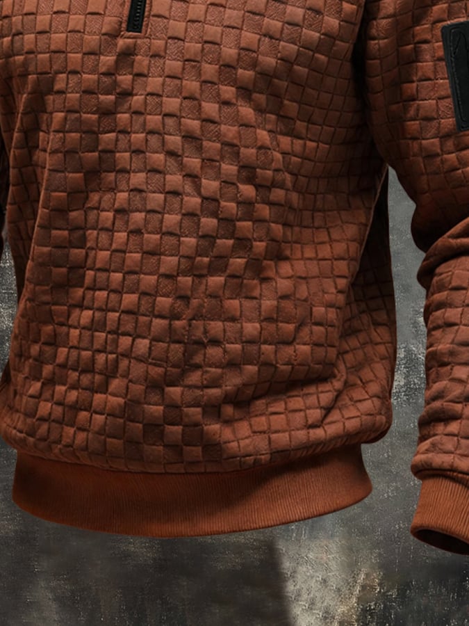 Men's Retro Textured Check Zip-Neck Sweatshirt