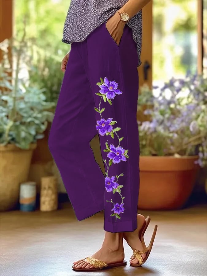 Women's Purple Flower Print Alzheimer's Awareness Support Casual Pants