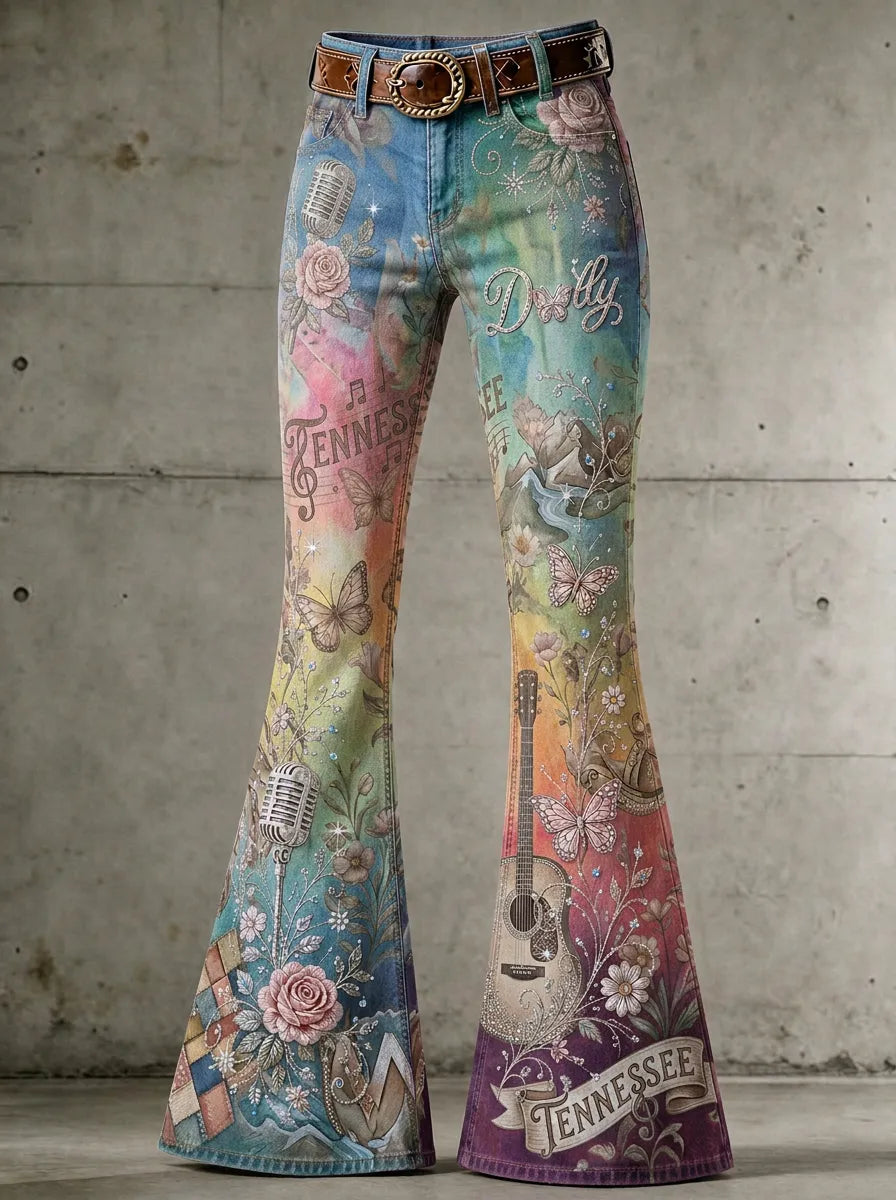Women's Dolly Parton Country Music Guitar Rose Printed Flare Pants