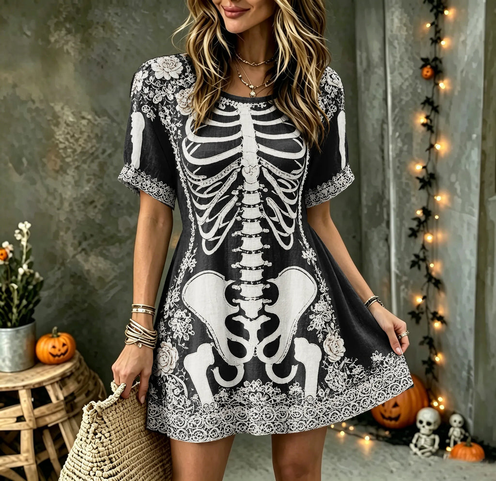 Women's Vintage Halloween Rose And Human Skeleton Art Crew Neck Short Sleeve Mini Dress