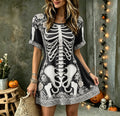 Women's Vintage Halloween Rose And Human Skeleton Art Crew Neck Short Sleeve Mini Dress