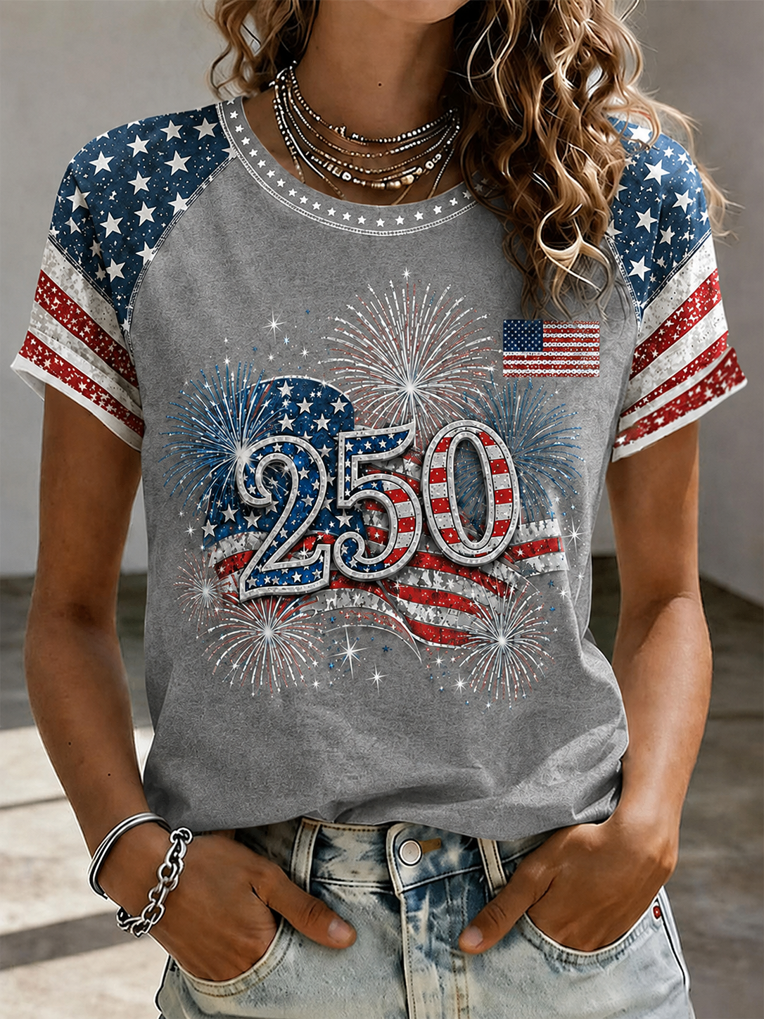 Women'S Retro Loose Short Sleeved T-Shirt With American Flag Print