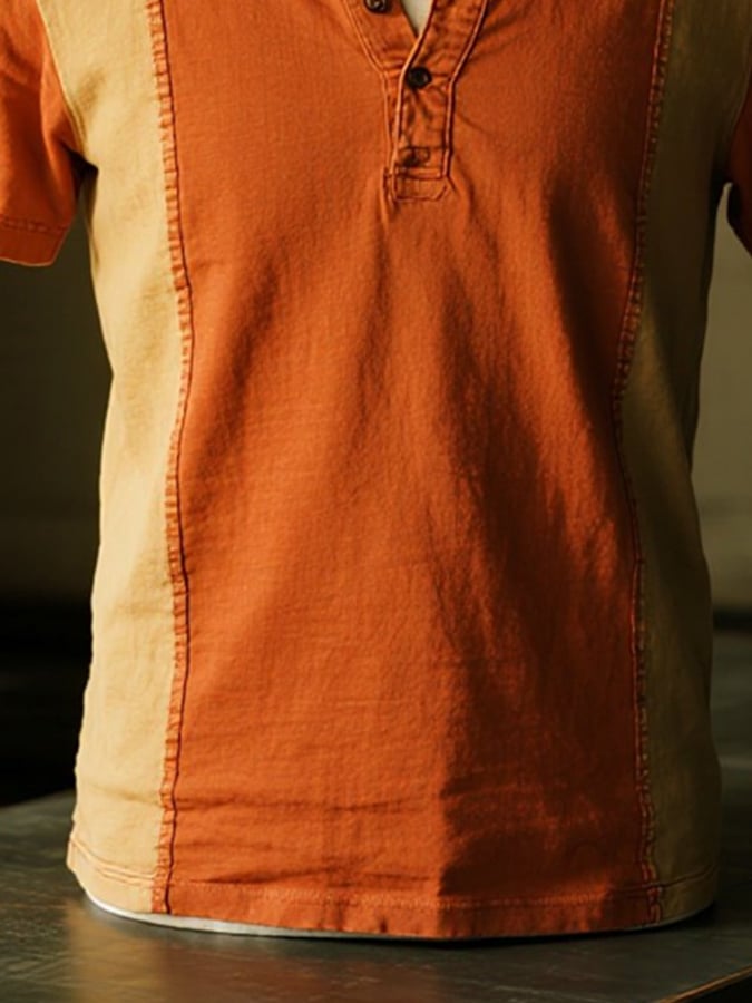Men's casual retro color-block Henley T-shirt