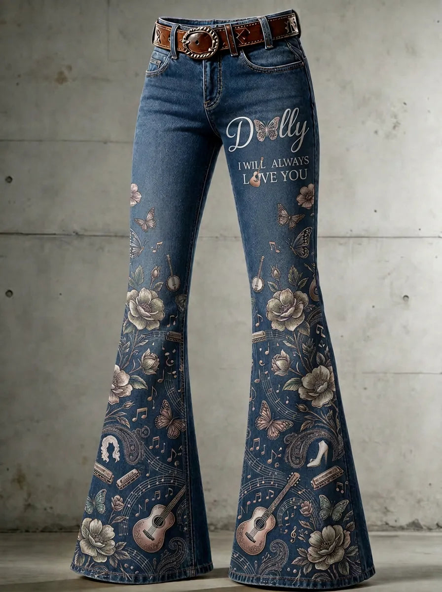 Women's Dolly Parton Butterfly Floral Guitar Printed Flare Jeans