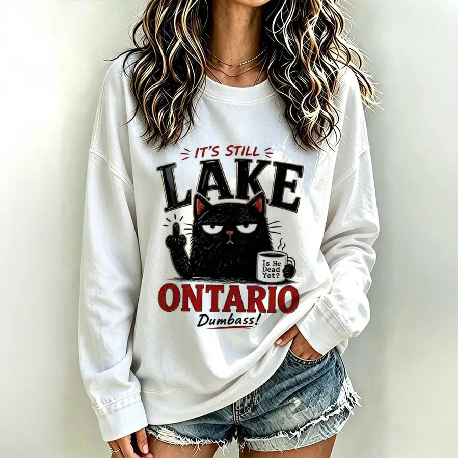 Women's Retro Lake Ontario Cat Art Print Crew Neck Sweatshirt