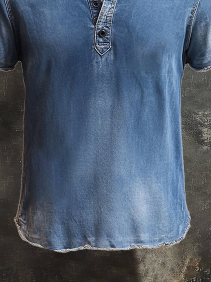 Men's Vintage Washed Raw Edge Henley Collar Short Sleeve T-Shirt