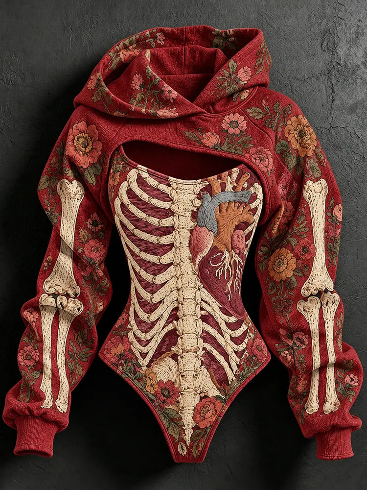 Women's Vintage Halloween Floral Skeleton Art Print Hoodie Two Piece Set