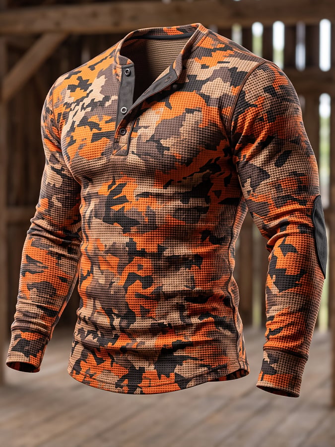 Men's Vintage Camouflage Long-Sleeve Henley T-Shirt