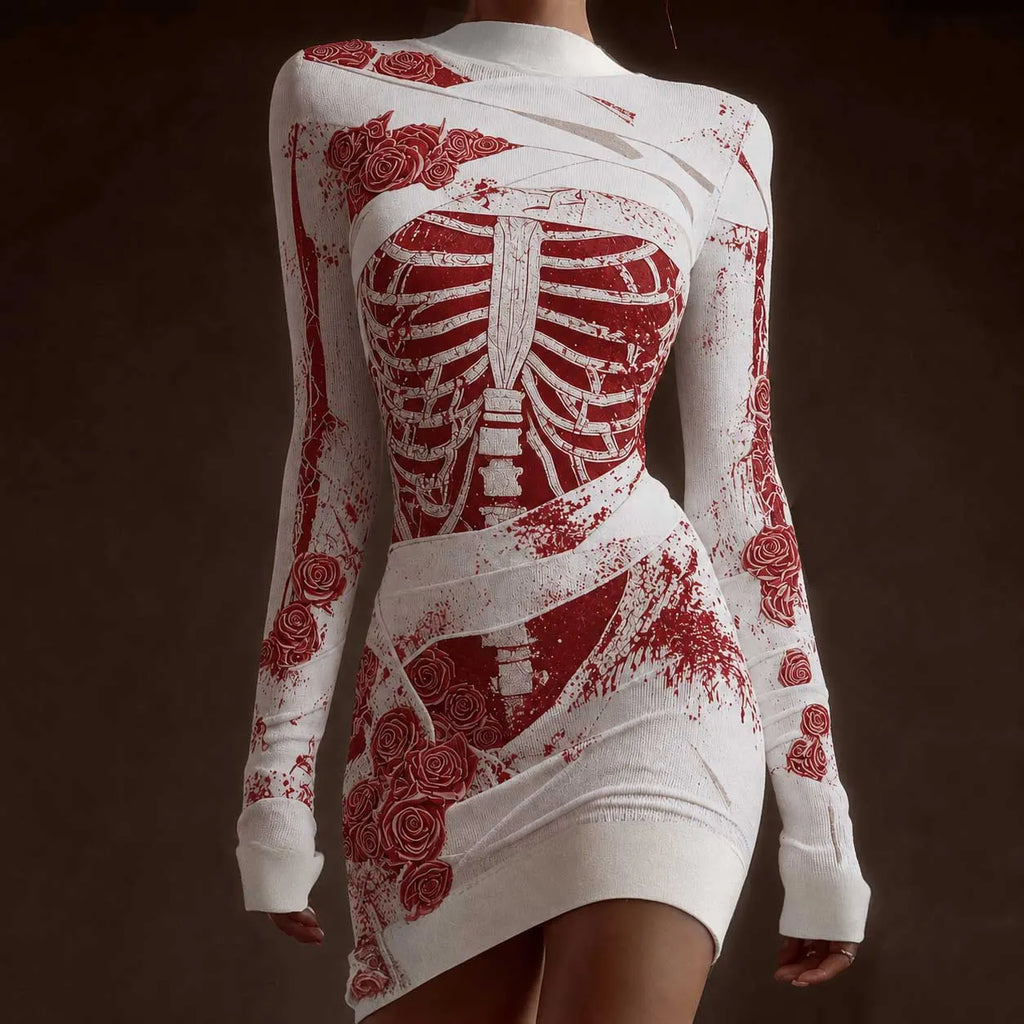 Classy Skeleton Anatomy Bloody Roses Bandages Knit Sweater Dress
