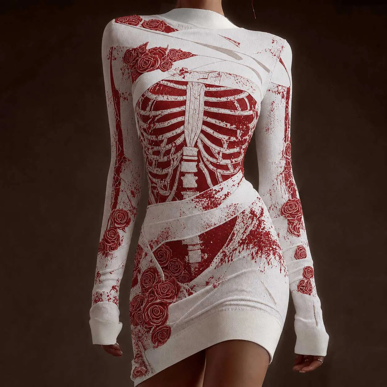 Classy Skeleton Anatomy Bloody Roses Bandages Knit Sweater Dress