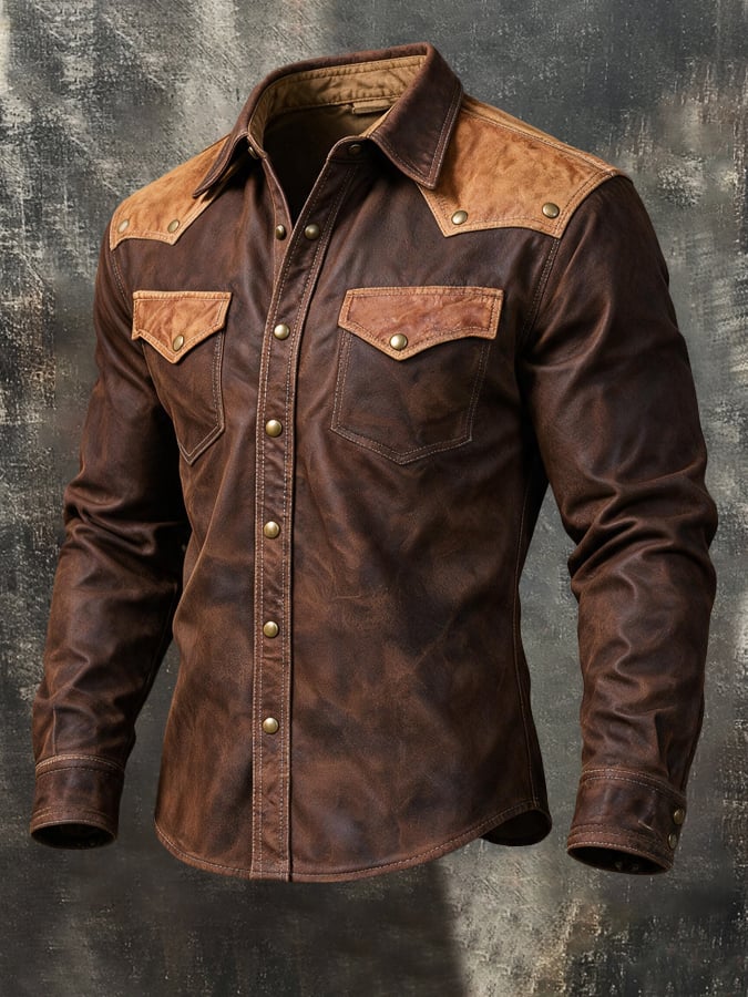 Men'S Retro Western-Style Long-Sleeve Shirt With Leather Paneling And Color-Blocking