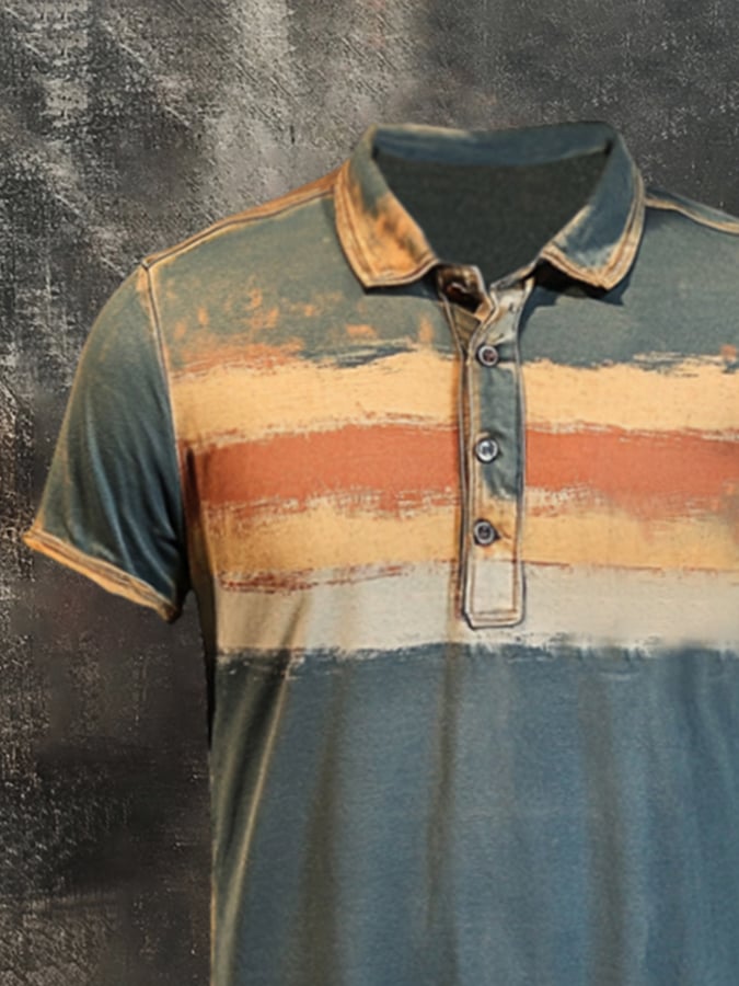 Men's casual short-sleeved polo shirt in retro color block style