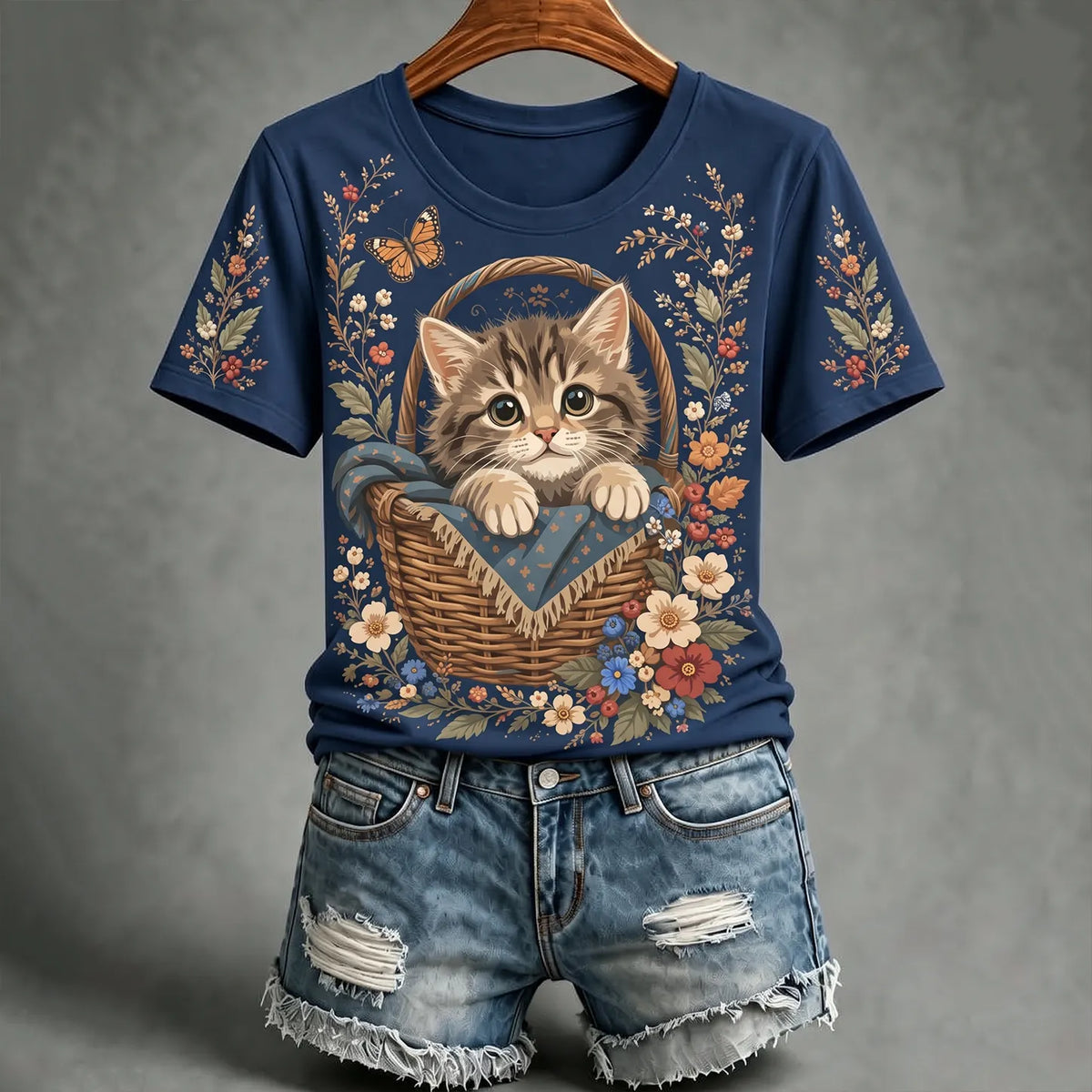Women's Autumn Cute Cat Art Short Sleeve T-shirt
