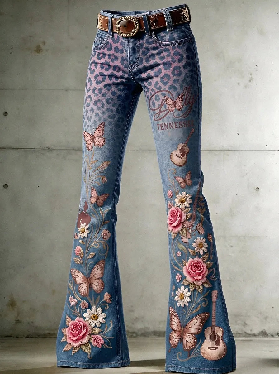 Women's Dolly Parton Tennessee 9to5 Butterfly Rose Guitar Printed Flare Pants