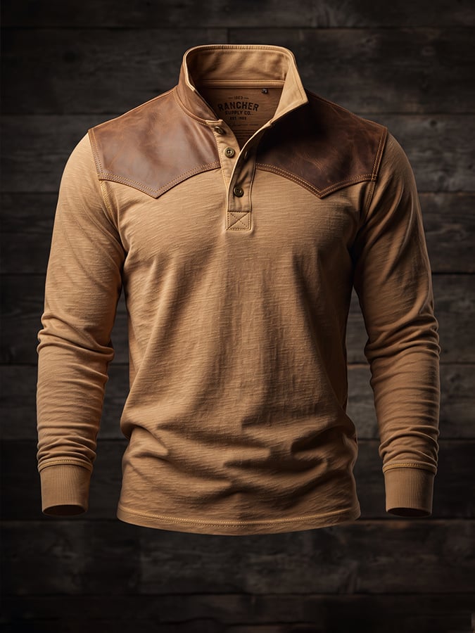 Men's Vintage-Style Breathable & Comfortable Leather-Panel Henley T-Shirt