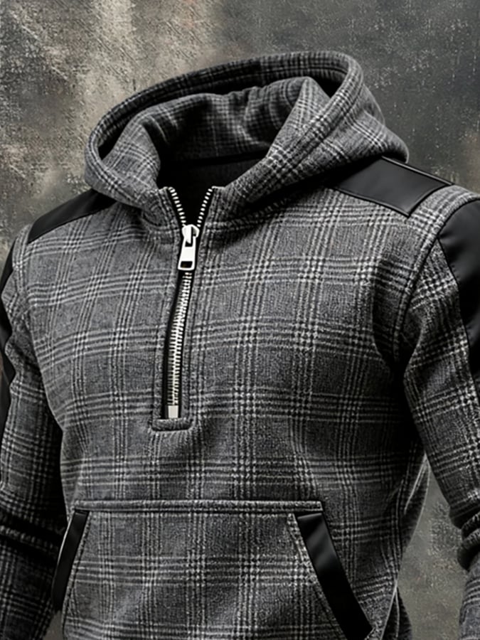Men'S Vintage Plaid And Leather Panel Half-Zip Hoodie