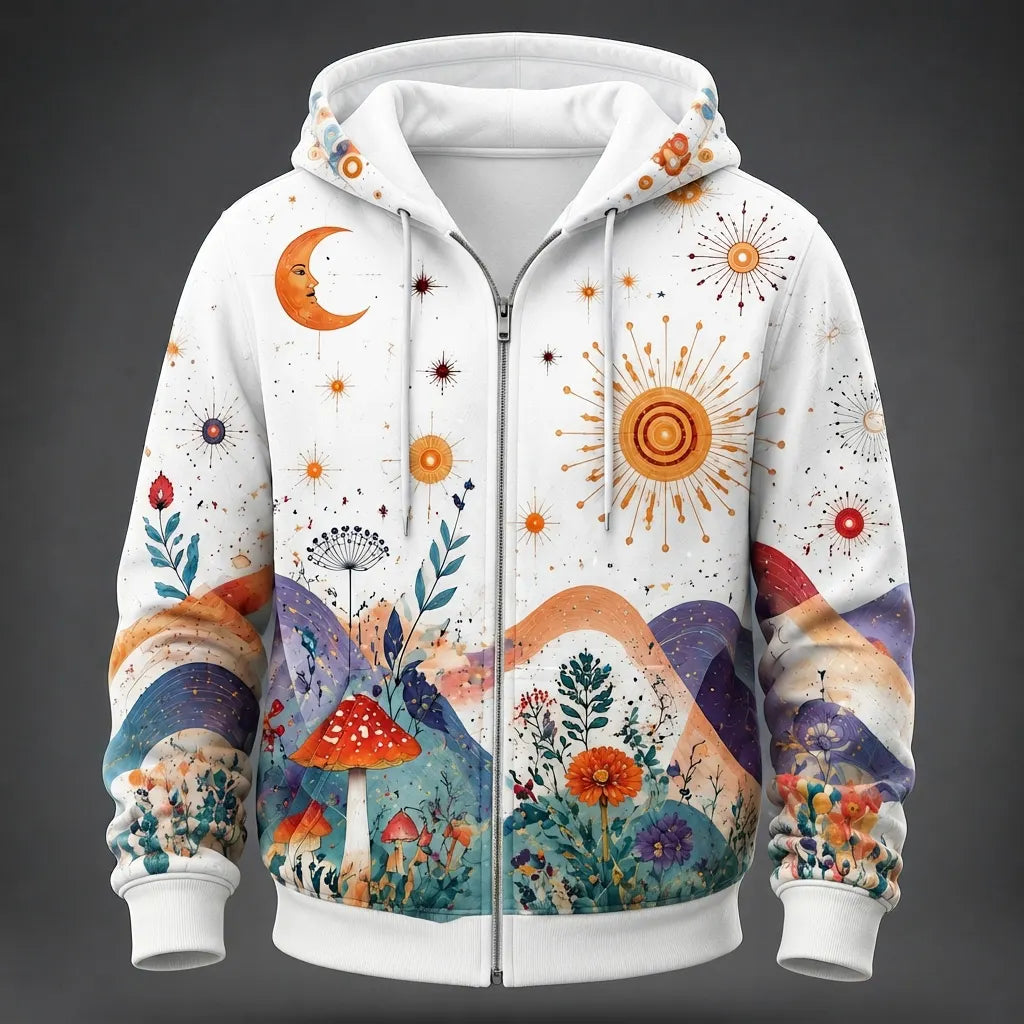 Men's Fantasy Art Sun Moon Mushroom Forest Print Zip-Up Hoodie