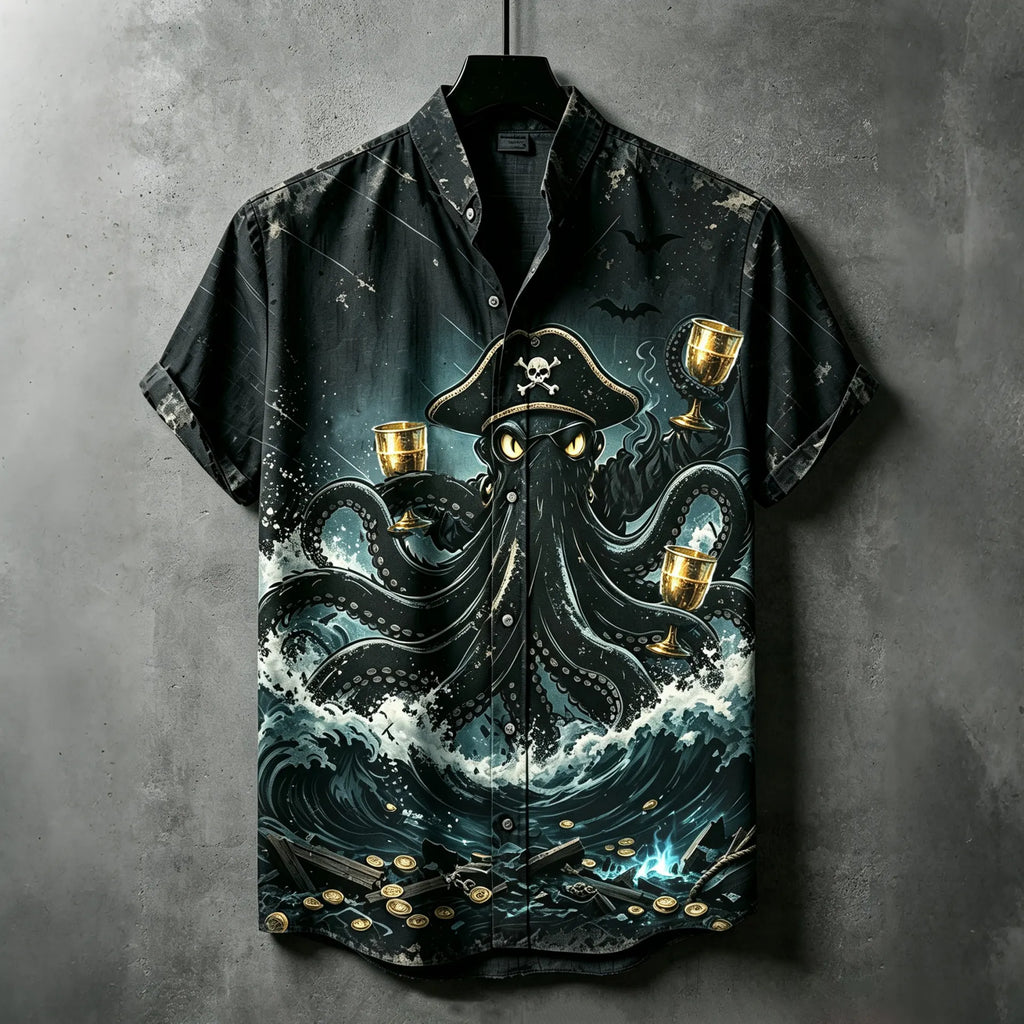 Men's Halloween Octopus Dark Pirate Drinking Art Short Sleeve Shirt