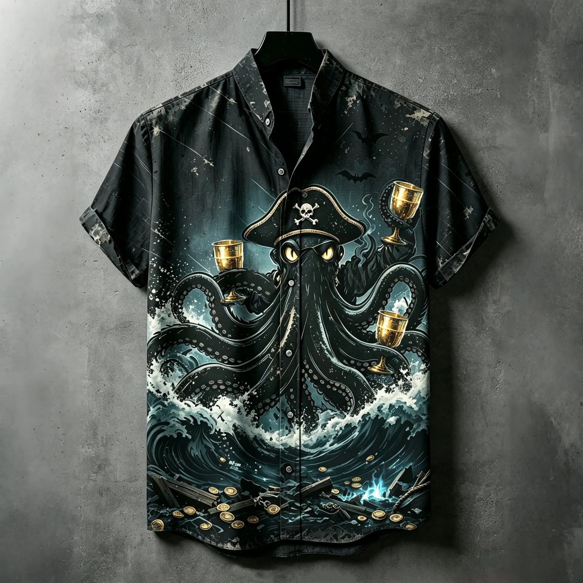 Men's Halloween Octopus Dark Pirate Drinking Art Short Sleeve Shirt