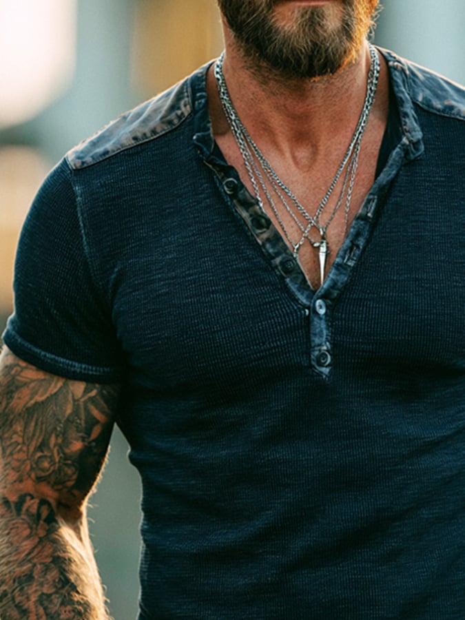 Men'S Fashion Short-Sleeve Henley T-Shirt With Ribbed Paneling And Color-Block Design
