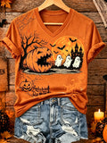 Women's Halloween Pumpkin And Ghost Print V-neck T-shirt