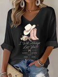 Women'S Commemorative Printed Waffle V-Neck Top