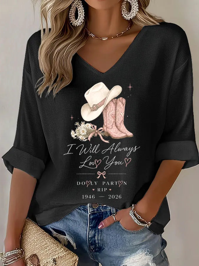 Women'S Commemorative Printed Waffle V-Neck Top