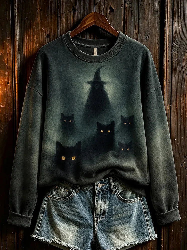 Female Witch Black Cat Print Halloween Retro Crew Neck Sweatshirt