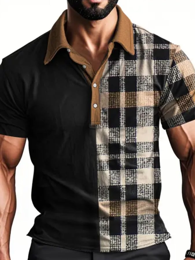 Casual, classic short-sleeved polo shirt with patchwork check pattern for men