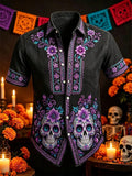 Men's Day Of The Dead Twin Skulls Purple Floral Print Short Sleeve Buttons Shirt