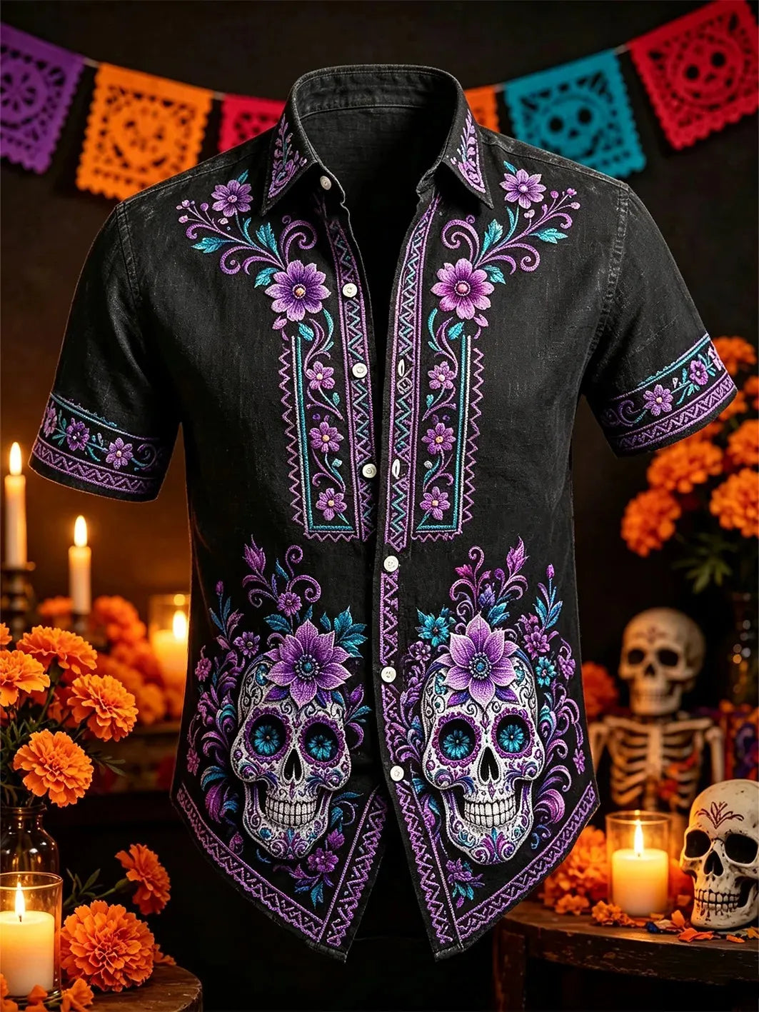 Men's Day Of The Dead Twin Skulls Purple Floral Print Short Sleeve Buttons Shirt