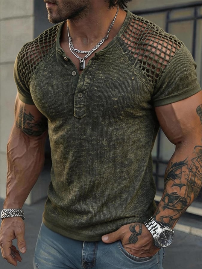 Men's Vintage Cut-Out Panel Henley T-Shirt