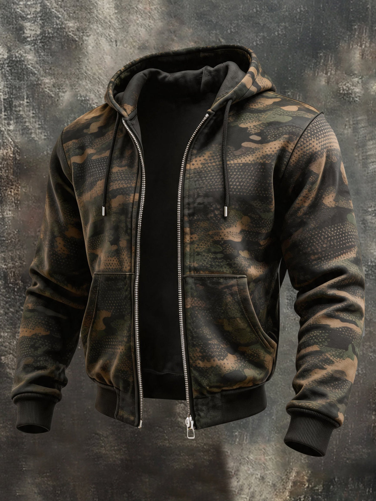 Men's Vintage Camouflage Print Hooded Zip-Up Jacket