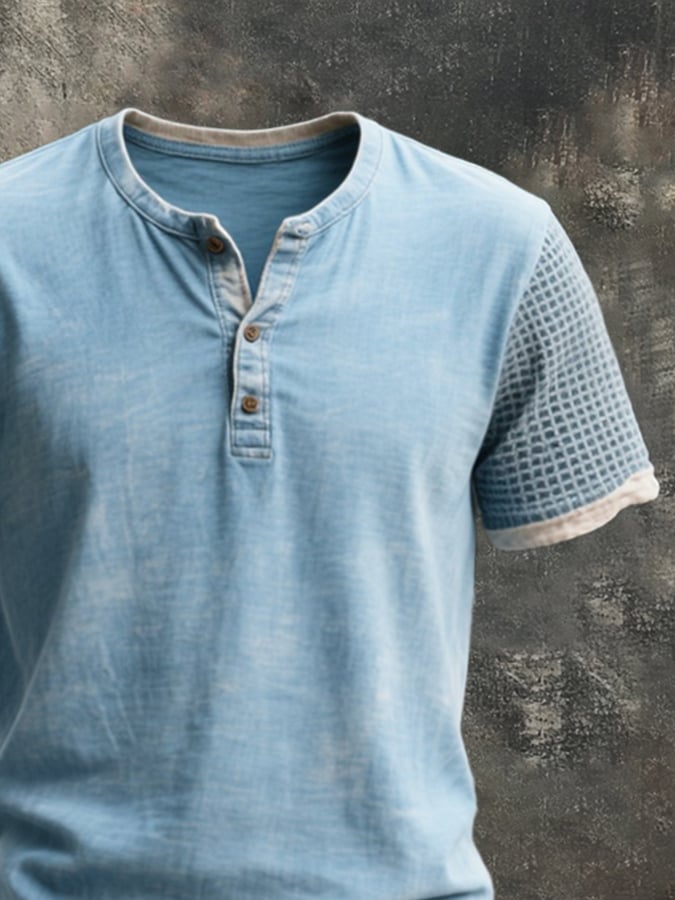Men's Vintage Distressed Colorblock Casual Henley Short Sleeve T-Shirt